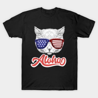 Cat Hawaiian Aloha Cat Lover Hawaii American Flag T-Shirt